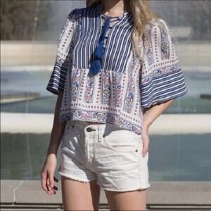 Love Riche Lace-up Floral Bell Sleeve White Top